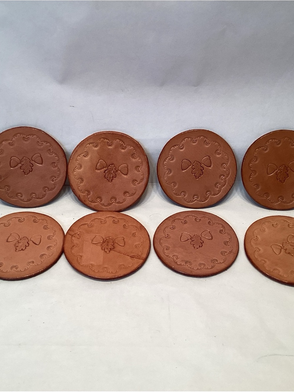 8 Hand Stamped Leather Coasters Oak Leaf Acorn Vintage Home Crafted